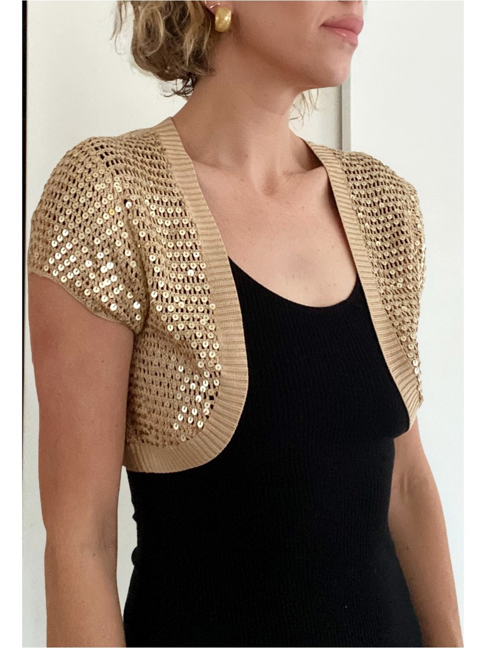 Vintage Y2K Bebe 100% Silk Sequin Crochet Bolero Shrug Champagne Gold Size L